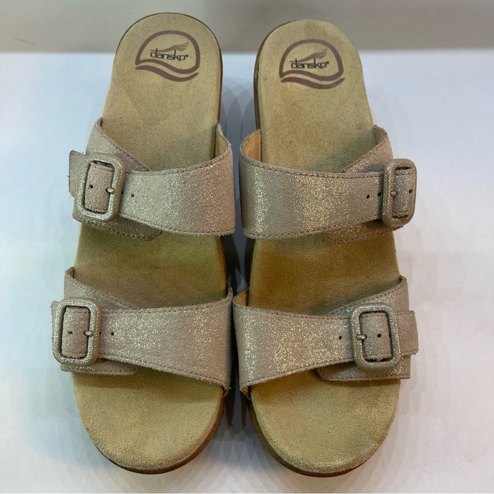 DANSKO Sophie 2 Strap Leather Platform Sandals Tan Glitter Shoes 41 10.5-11 US